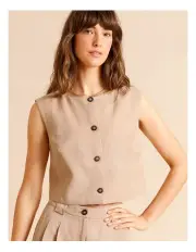 [Piper] Lyocell Linen Blend Button Front Vest in Sand
