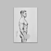 Young Male Body Nude Drawing, Man Figure Standing, Gay Art in Clip On Frame