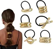 Metal Geometric Elastic Hair Ties Cuffs, 6Pcs Gold Hair Tie Ponytail Hair Cuff, Metal Ponytail Hair Cuffs Gold Hair Ties, Glossy Double Arch ponytail hair Cuffs for Women and Girls