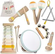 Stoie's Wooden Kids Musical Instruments for Babies and Toddlers 1-9 Years Old, Montessori Educational Music Toy with Xylophone, Tambourine, Hand Bell, Triangle, Maracas, Durable, Storage Bag, Unisex