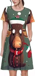 [EdWal] Funny Christmas Moose Head Print Womens Sundress Summer Floral Short Sleeve Wrap Round Neck A-Line Midi Dress Summer