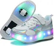 [Lovelysi] Unisex Boys Girls LED Light Skateboard Shoes with Wheels Push Button Adjustable Roller Blades, USB Rechargeable, Inline Skates, Outdoor Sports Gymnastics Running Trainers