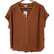 NEW ORVIS Relaxed V Neck Button Down Flowy Rayon Short Sleeve Blouse Large Rust