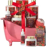 Mother's Day Bath Spa Gift Set Red Rose & Tulip Spa Basket Kits for Women and Men, Contains Essential Oil, Bubble Bath, Body Lotion, Bath Salt, Soy Candle, self care baskets for women gift