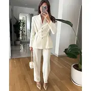 Two Piece Jumpsuit / Pantsuit Pantsuit Mother of the Bride Pantsuit Stretch Collarless Blazer Set Elegant Vintage Simple Long Sleeve Floor Length Pants with Tu