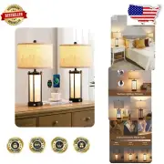 Rustic 3-Way Dimmable Touch Control Table Lamps Set with USB Ports - Set of 2