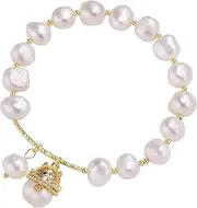 [LOXINFBTF] 14K Gold Baroque Pearl Lucky Cat charm Bracelet, Pearl Bracelet, Cat Bracelet, Good Luck Bracelet, Stretch Bracelet, Women Girls Bracelet, Gift Bracelet, 6.69 inches