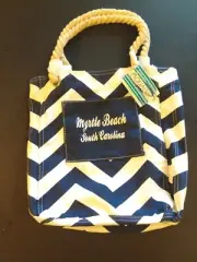 Myrtle Beach Tote Bag, So.Carolina Canvas 15" Beach, Boho Blue White Chrevron.