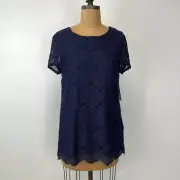 Laundry Blouse Women 8 Lace Lined Sheer Fringe Scallop Navy Top Zip Core Cruise