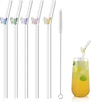 [Olpchee] 5 Pcs Reusable Straws Clear Glass Straws Colorful Butterfly Design Size 7.8" x 8mm with 1 Cleaning Brush for Smoothies, Milkshakes, Juices, Teas (Colorful Butterfly)