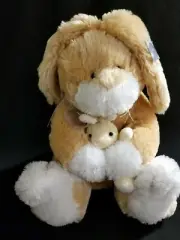 16" Brown & White Plush Stuffed Easter Decoration Bunny Rabbit Holding Baby Tags
