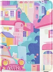 [Amooorous] Cartoon Colorful Car and City Leather decorative family passport holder Vaccine Case Protector Cover Passport Case Ultra Slim, cartoon colorful car and city, 1 size