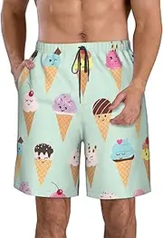 [OAROK] Ice Cream Cones Men's Casual Beach Shorts Quick Drying Shorts Men's Stretch Swim Trunks Daily Wear Style, White, Small