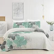 DJY 3 Pieces Quilt Set King Green Floral Pattern Quilt Coverlet Elegant Boho Bedspread with 2 Pillow Shams Soft Lightweight Bedding Quilt Set for All Season 104"x90"