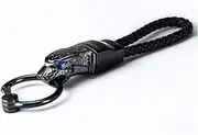 Flypc Luxury Jaguar Metal Car Keyring,Leather Cord Key Chain,Elegant Detachable Car & Home Keychain for Man and Women,Metal Leopard Head with Blue Diamond Eyes(Black)