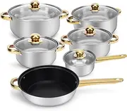 Gugxiom 6 PSC kitchen Pots and Pans Set,Stainless Steel Pan Set with Smooth Glass Cover,Cooking Pot Set for Induction Hobs and All Hobs
