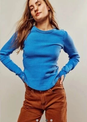 Free People Top Roll With It Thermal Long Sleeve Blue Top X Small, rrp £44.