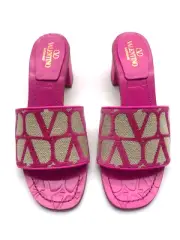 AUTH Valentino VLogo Canvas Block-Heel Slide Sandals Size 7 US