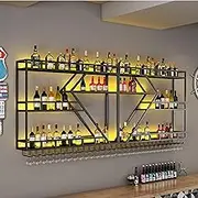 Wine Rack Wall Mounted Bar Shelves with Hanging Wine Glass Rack and Led Light Liquor Bottle Display Shelf Floating Bar Shelves Whiskey Shelf Kitchen Wall Cabinet for Home Bar Cdining Room