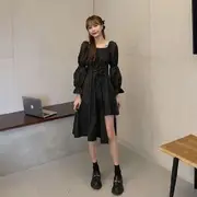Long-Sleeve Asymmetrical Lace-Up A-Line Dress Black - L