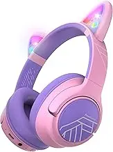 PowerLocus Kids Wireless Headphones, Bluetooth with LED Lights Over Ear with 74/85/94dB Volume Limited, 45H Playtime,Built-in Mic, Two Device Share Mode, HD Stereo for Travel/PC/Tablet (Purple/Pink)