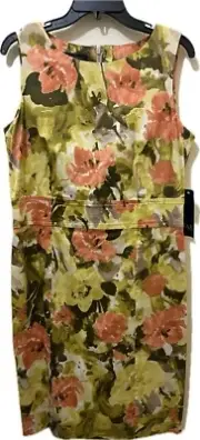 AK Anne Klein Sheath Dress Womens 12 Floral Abstract Sleeveless Stretch Midi NWT