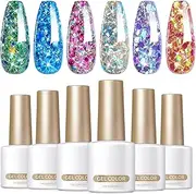Glitter Gel Nail Polish - 6X Shiny Nail Polish with Sequins,Soak off Top Coat, Manicure Varnish Accessories for Women Girls Teens Beginners