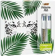 BIC Velours Kit - Stationery Set with BIC 4 Colours Ball Pens Jungle and Leopard/1 Blank Notebook A5 Size, Gift Box of 3