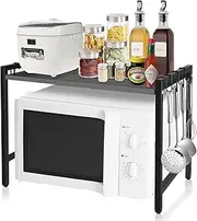 ASelected Expandable Microwave Oven Rack Height Adjustable 2 Tier Kitchen Counter Shelf Rack 6 Hooks Width 40-60Cm Black