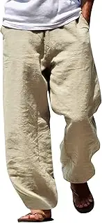 [Generic] Harem Pants Mens Cotton, Mens Linen Trousers Loose Fit Drawstring Elastic Waist Lightweight Loose Hip Hop Pants Casual Plain Lightweight Yoga Beach Pants Mens Wide Leg Trousers Men'S Baggy Trousers