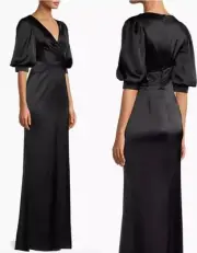 NWT Aidan Mattox Puff Sleeve Satin Gown Draped V-Neck Maxi Dress Womens Size 8