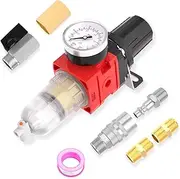 Air Compressor Moisture Filter, AW2000-02M Manual Drain Air Line Filter, 1/4" NPT Inlet with 150 PSI Gauge and Valve Shut Off Switch for Air Tools and Spray Paint Gun