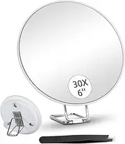 6inch 30X Magnifying Mirror with Stand & Suction Cups, Large Travel Magnified Mirror 30 x High Magnification Makeup Mirror for Handheld Table Wall-Mounted Use, 30x Travel Magnifying Mirror & Tweezers