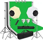 MSKIRA Softbox Lighting Kit Professional 2x85W Photography Video Studio Lighting Kit+Adjustable 2x2m Photography Backdrop Stand Kit with 4X 1.6x3m Backdrop Screen Background,4 Clamps and Carry Bag