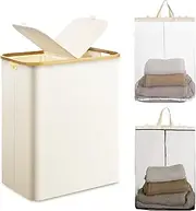 150L Double Laundry Hamper with Lid, Extra Large Laundry Basket Dirty Clothes Hamper, 2 Section Laundry Bin Organizer for Laundry Room Bedroom with 2 Removable Liners & Bags, Beige (Beige)
