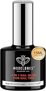 Modelones 4 in 1 Nail Glue Base Coat Nail Polish Set Brush On Gel Nail Glue 15ml for Rhinestone, False Nails, Base Gel, Blooming Nail Art Gel Nail Kit for Acrylic Nails U V Lamp Needed
