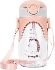 Bunnytoo Baby Sippy Cup with Straw Tritan BPA Free Leak-proof Shoulder Strap No Odor Kids Water Bottle with Calibration for Babies Under 3 Years Old Home School Outdoor,400ml Maple Apricot