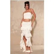 Cream Chiffon Ruched Cut Out Asymmetric Hem Midi Dress, Cream