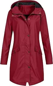 [WUANDIXFA] Jackets for Women Mid Long Coat with Pocket Hiking Lightweight Windbreaker Hooded Rain Jackets