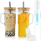 Glass Cups with Bamboo Lids and Straws,24Oz Tumbler with Handle,2 Pack Mason Jar