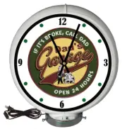 Dads Garage Open 24 Hours Sign, White Lighted Gas Pump Globe Advertising Clock