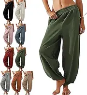 [Generic] Thneed Wrap Pants, Thneed Beach Wrap Pants, Womens Baggy Wide Leg Cotton Elastic Waisted Harem Pant Palazzo, Green, Small
