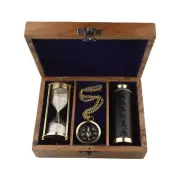 Antique Nautical Gift Set Brass Compass Sand Timer Hourglass With Wooden Box