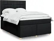 vidaXL Box Spring Bed w/Mattress - Black Queen Double Bedstead - LED Lights & Adjustable Headboard - Polyester Fabric, Solid Pine Wood Frame - Comfort & Style for Bedroom