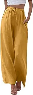 [Generic] Wide Leg Linen Pants for Women Summer Flowy Palazzo Pants Comfy Elastic High Waist Casual Beach Trousers Pockets 2025