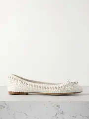 [Jimmy Choo] Jimmy Choo - Elme Leather-trimmed Embellished Satin Ballet Flats - White - IT38 IT 38 White