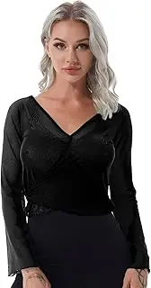 [TiaoBug] Women's Sexy Deep V Neck Long Sleeve Bandage See-Through Mesh Wrap Crop Top for Ballet Dance