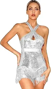 [Aislor] Women's Sequins Tassel Latin Dance Leotard Jazz Fringed Bodysuit Dancewear Cha-cha Ballroom Costumes