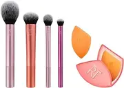 Real Techniques Makeup Brush Set with Travel Sponge Blender for Eyeshadow, Foundation, Blush, and Concealer, Set of 7