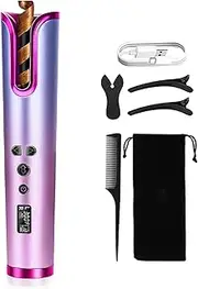 Cordless Automatic Hair Curler Fast Heating Ceramic Barrel with Adjustable Temperature, Timer LCD Display Anti-Tangle Hair Curling Wand Portable Travel Hair Styler (Red)